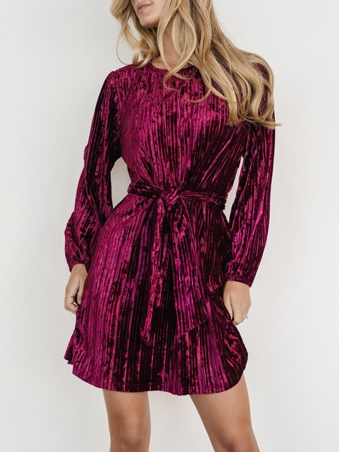 Crushed Velvet Round Neck Long Sleeve Tie Waist Mini Dress