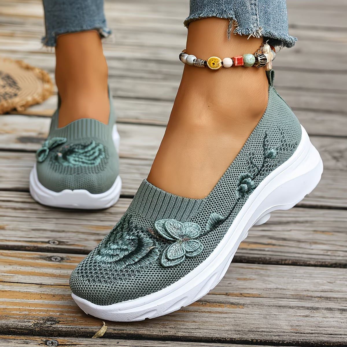 Floral Appliqué Knit Slip On Flats 5