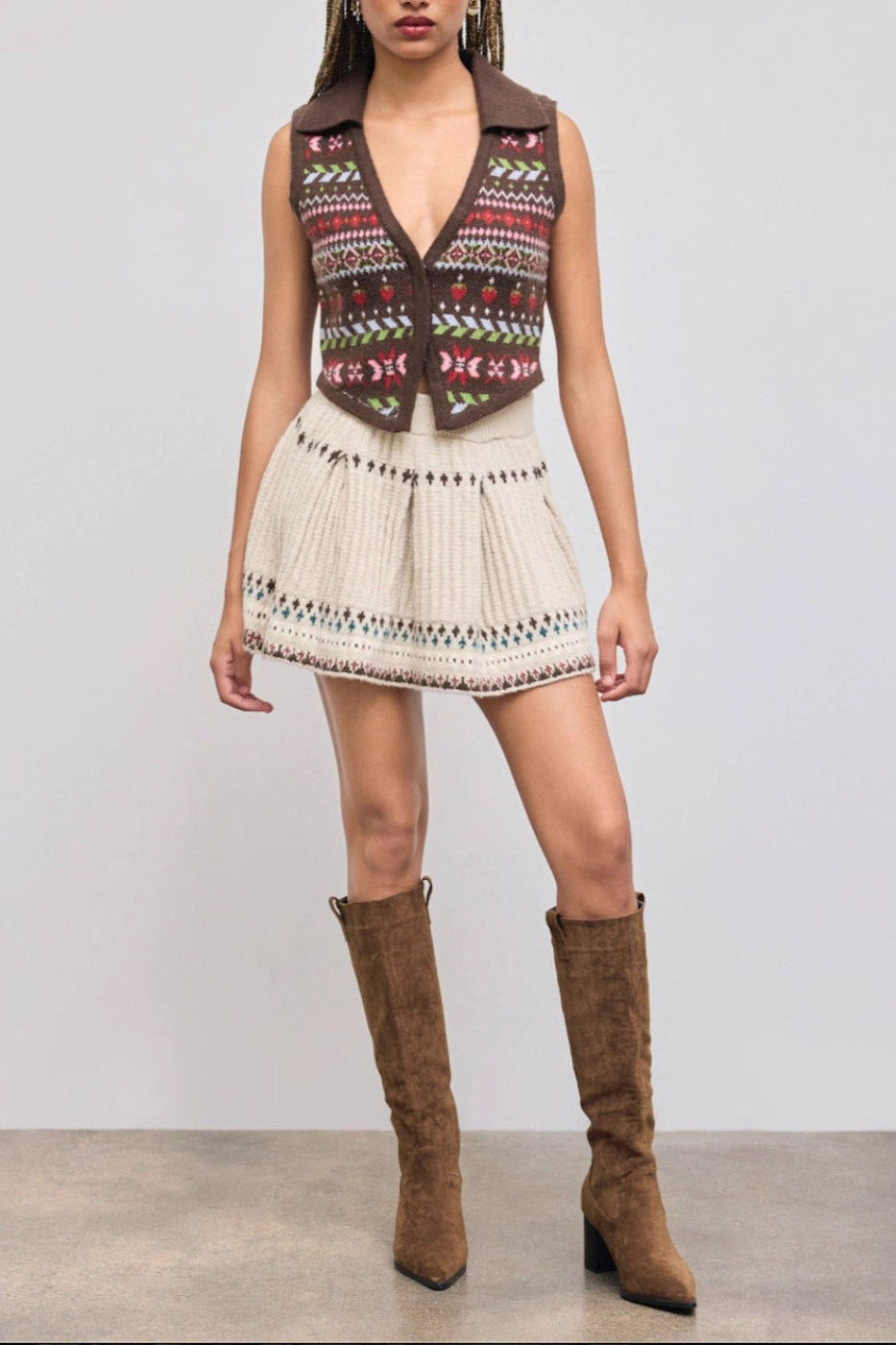 Fair Isle Trim Ribbed Knit Pleated Mini Skirt