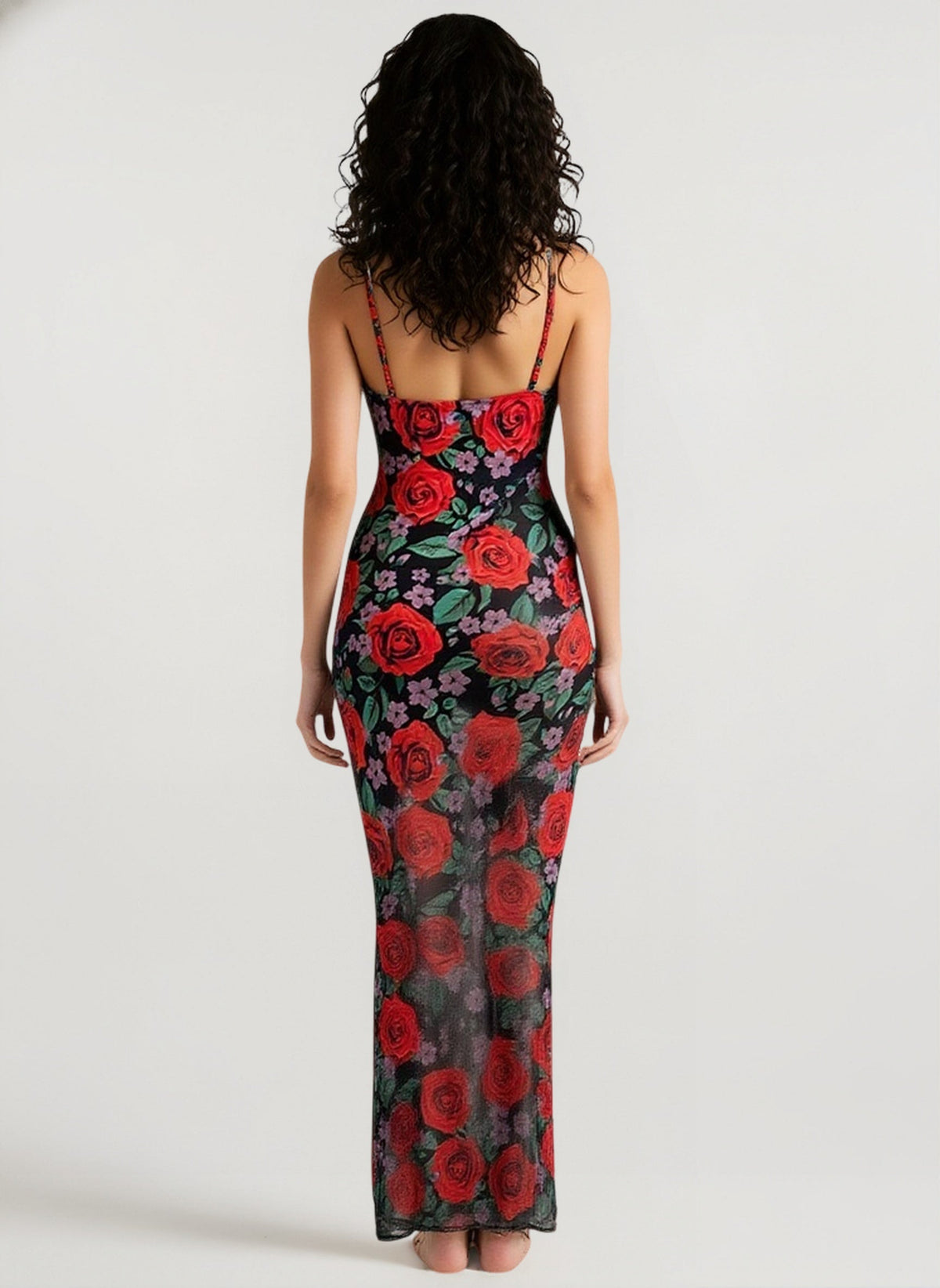 Rose Floral Print Mesh Cowl Neck Spaghetti Strap Bodycon Maxi Dress 2