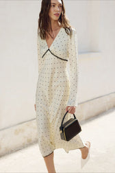 Satin Polka Dot V Neck A Line Midi Dress - View 4