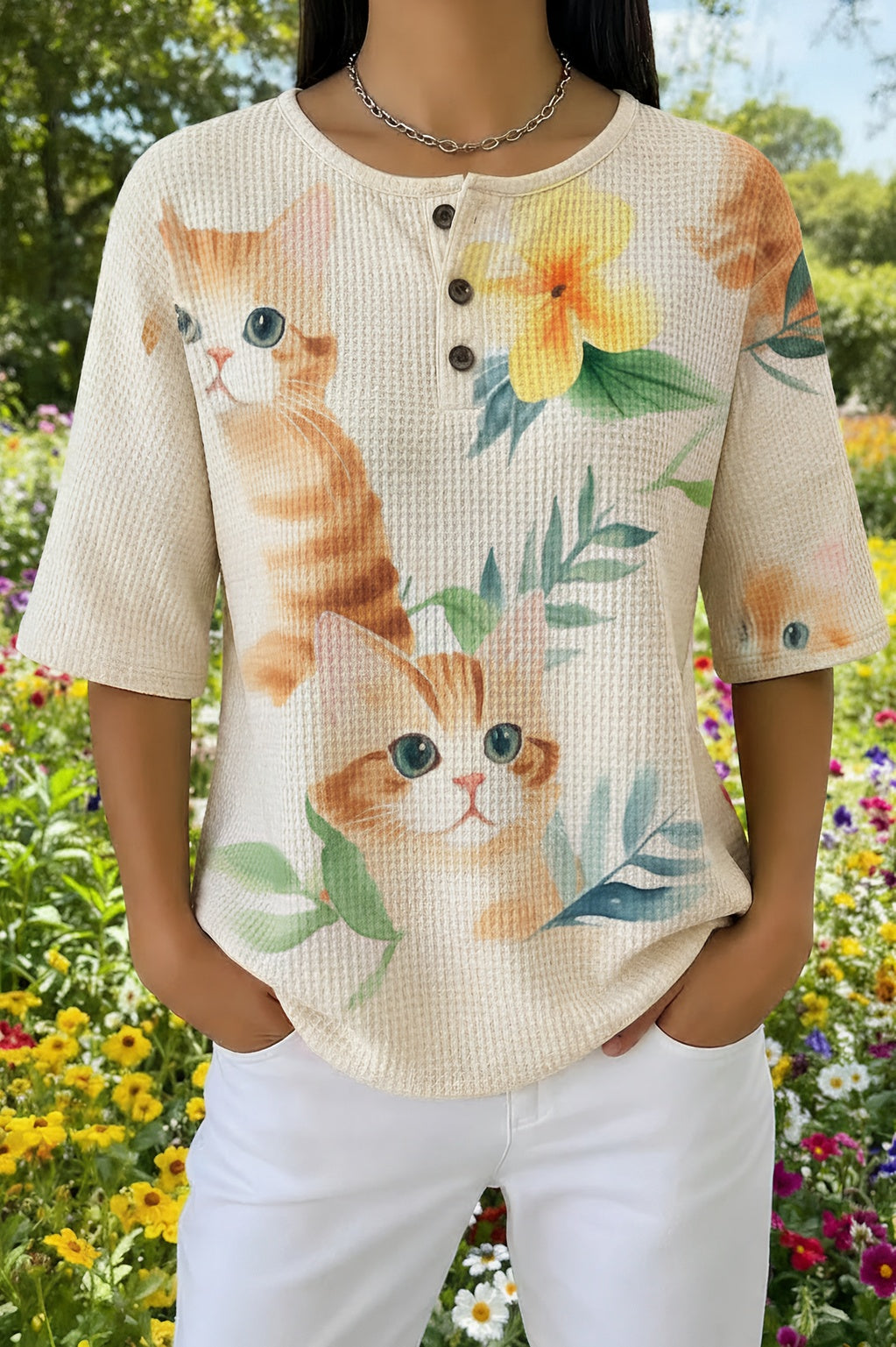Womens Cream Tropical Leaf Cat Print Casual Shirt