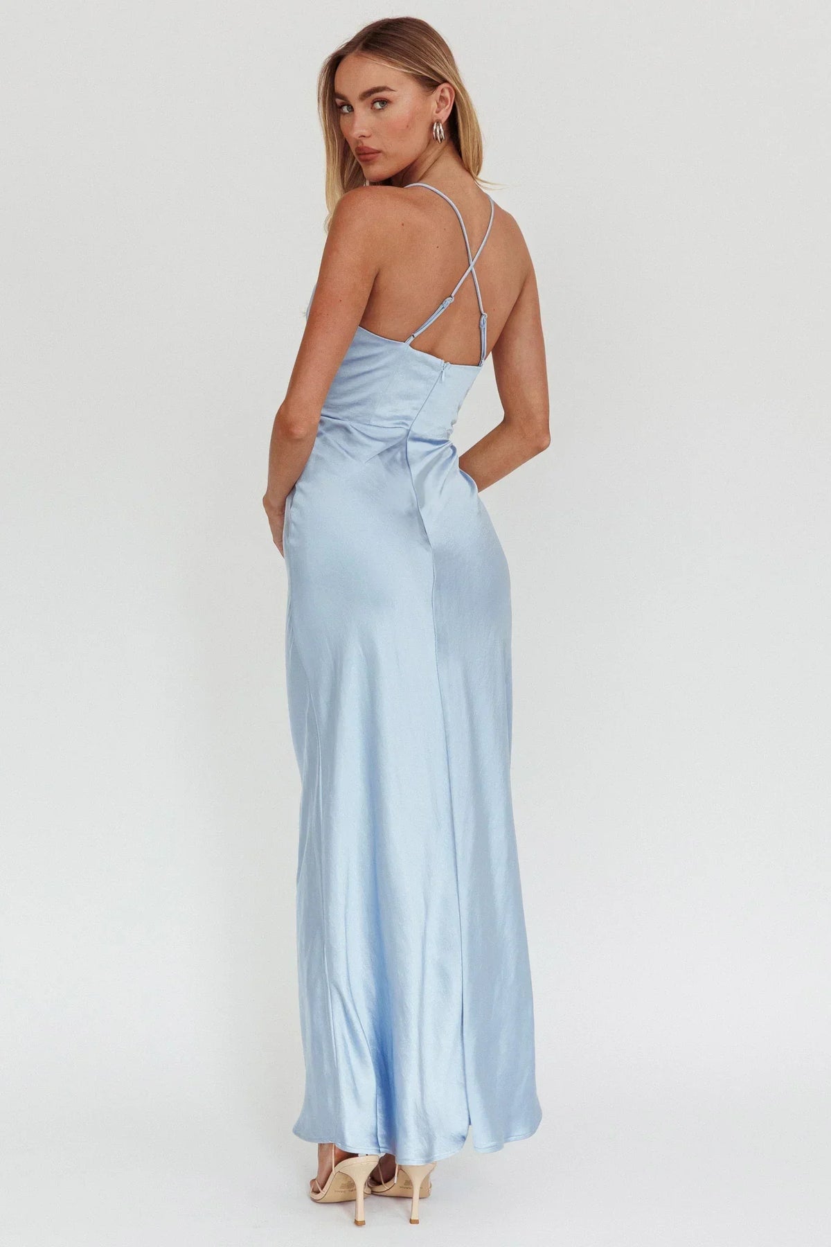 Satin Lace Trim V-Neck Halter Bias Cut Maxi Dress 3
