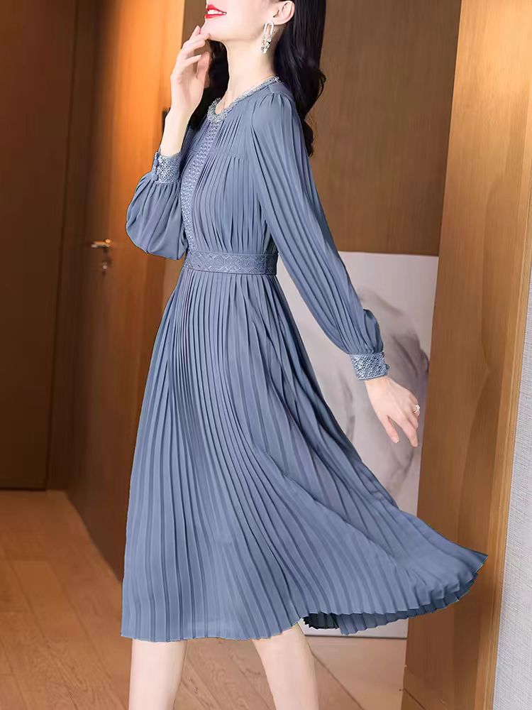 Light Green Chiffon Pleated Cinch Dress O-Neck Long Sleeve 5