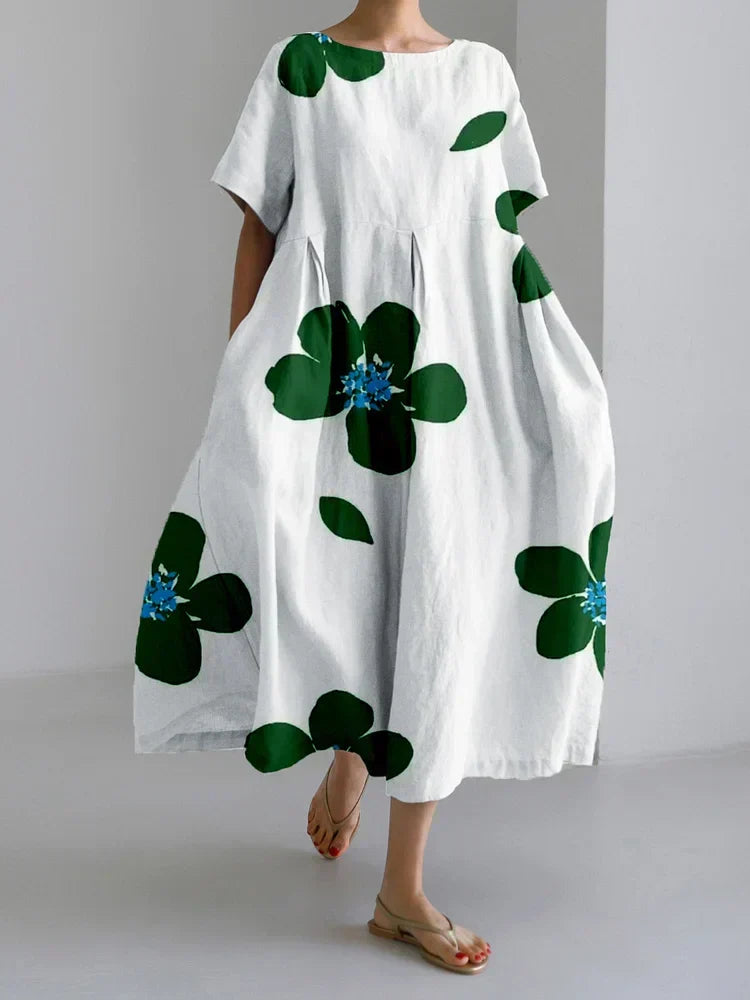 Floral Round Neck Short Sleeve Pocket Cocoon Midi Dress