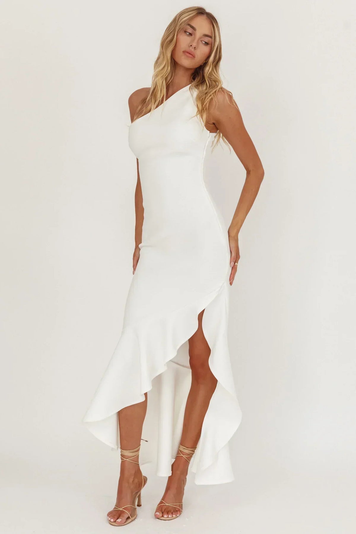 One Shoulder Fitted Ruffle High Low Hem Maxi Dress 4