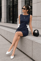 Striped Crew Tie A Line Elegant Work Dress