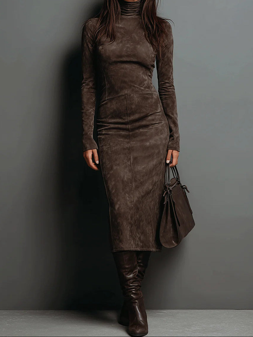 Suede Look High Neck Long Sleeve Bodycon Midi Dress