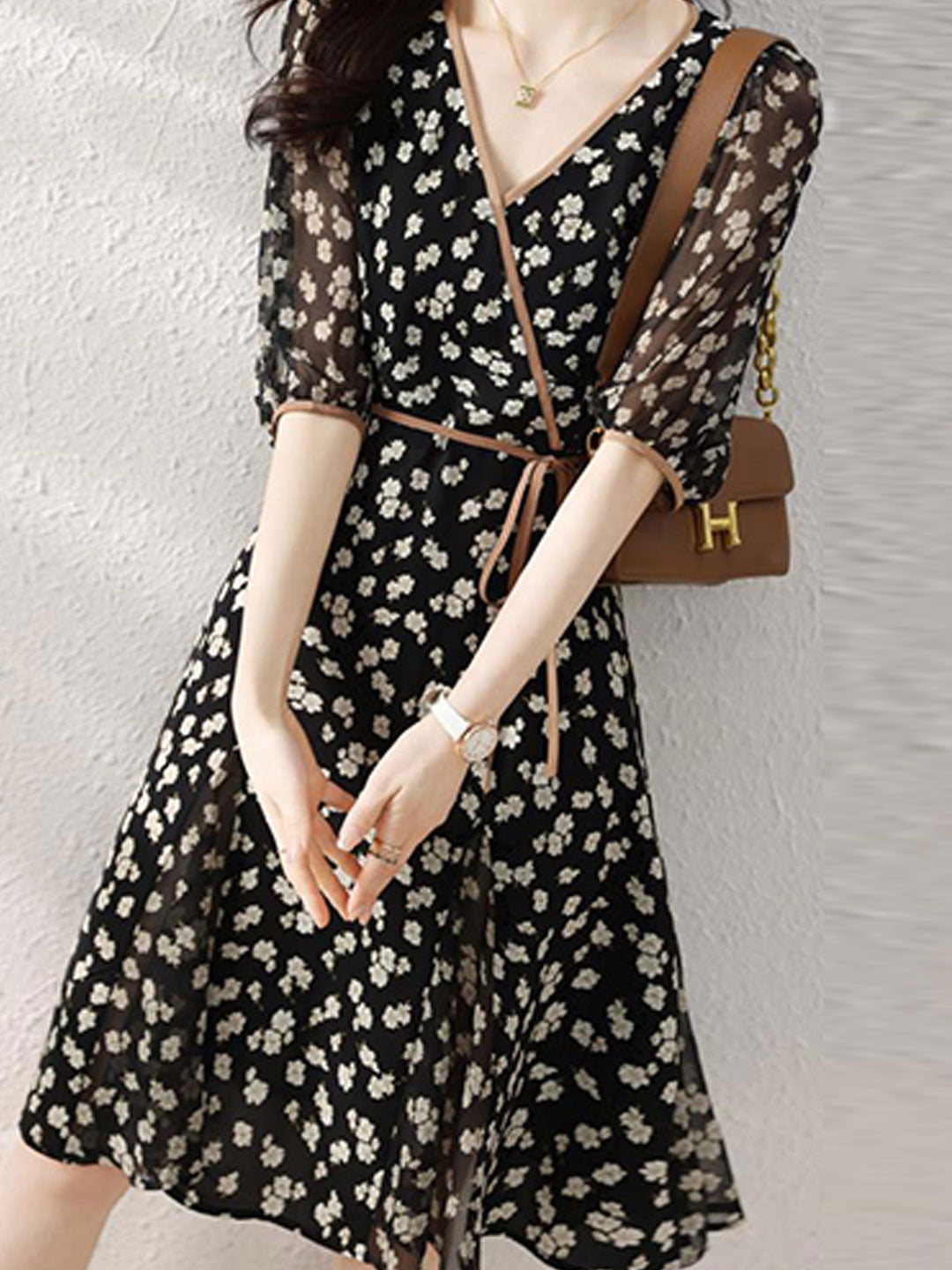 Floral Print Wrap V-Neck Puff Sleeve Tie Waist Dress