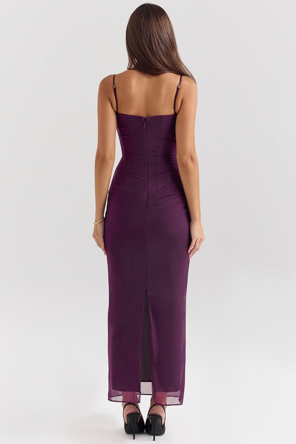 Sheer Mesh Ruched Corset Lace Trim Cami Bodycon Maxi Dress 6