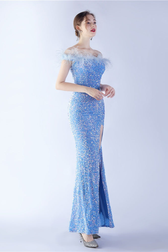 Sequin Off Shoulder Feather Trim High Split Mermaid Gown