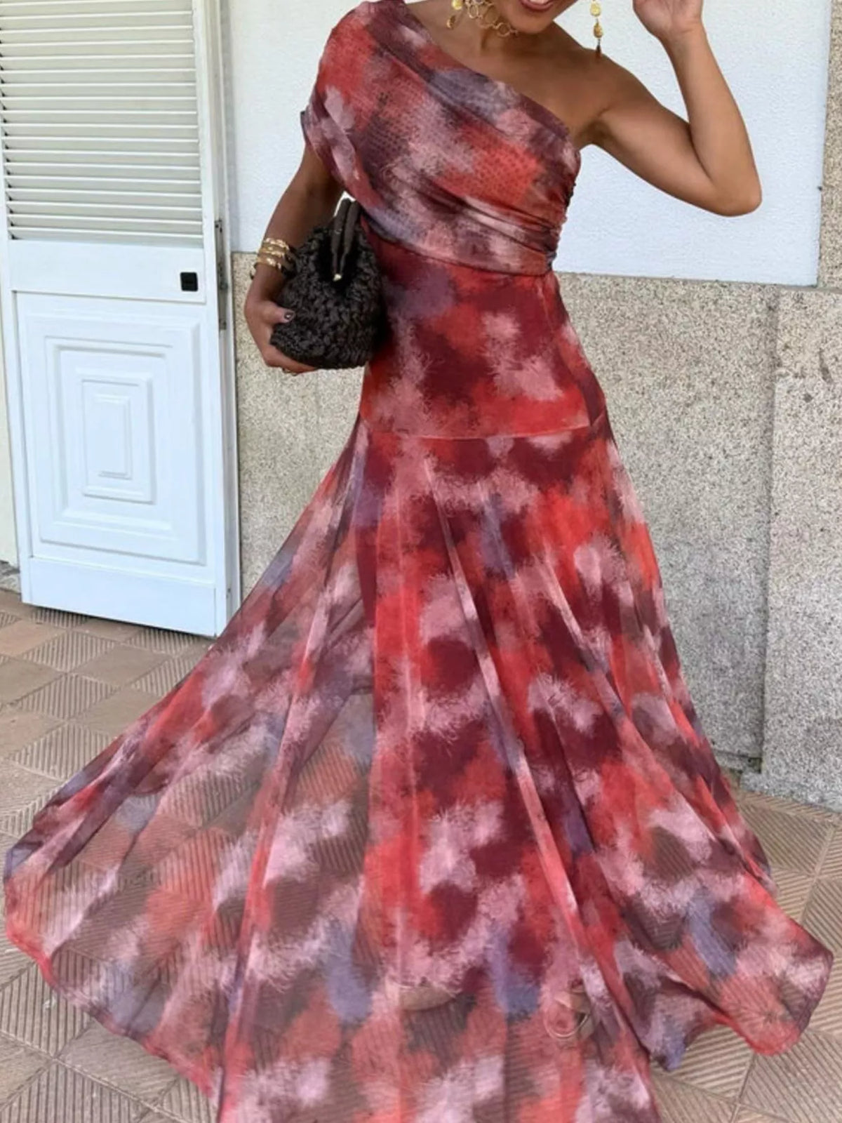 Tie Dye Mesh One Shoulder Ruched Bodice Flowy Maxi Dress