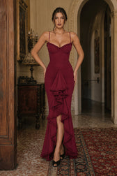 Solid Deep V Backless Ruffle Pleat Slip Dress