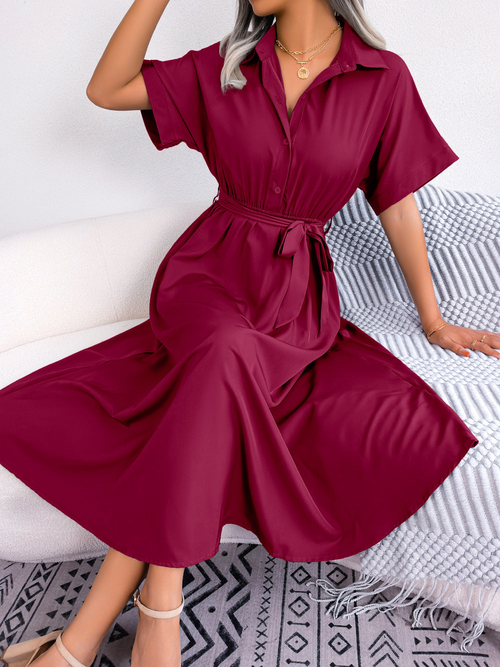 Short Sleeve Collared Tie Belt Dress Wine