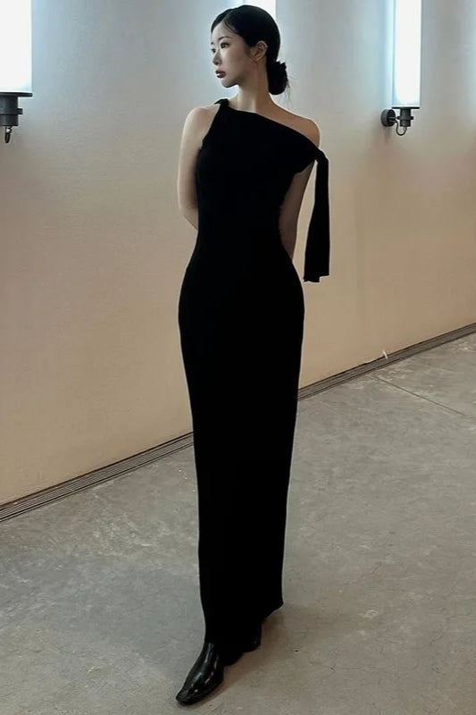 Graceful One Shoulder Asymmetric Tie Maxi Dress