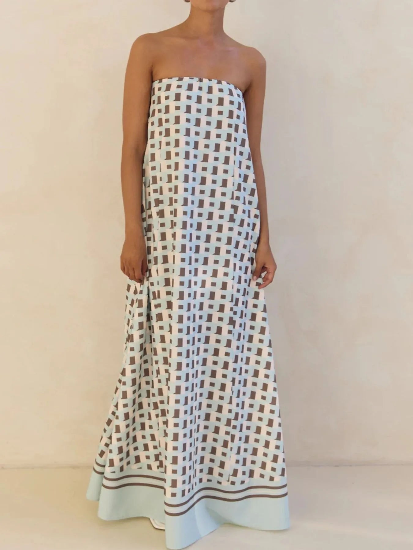 Smocked Printed Tube Maxi Dress Brown Square
