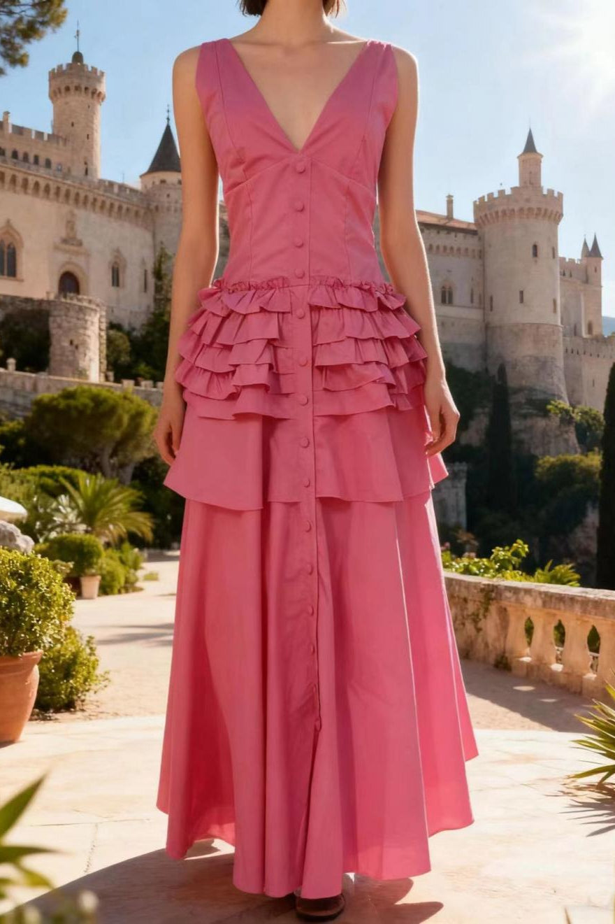 Deep V-Neck Sleeveless Corset Tiered Fit and Flare Midi Dress