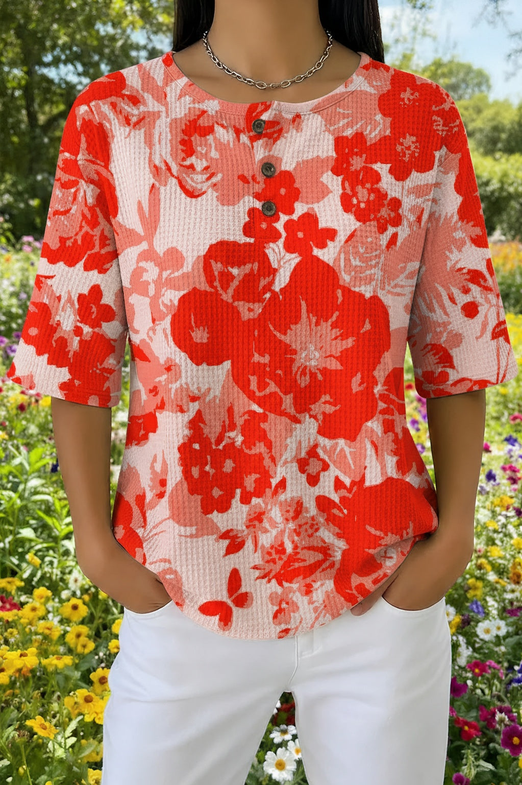 Womens Red Floral Print Casual Shirt