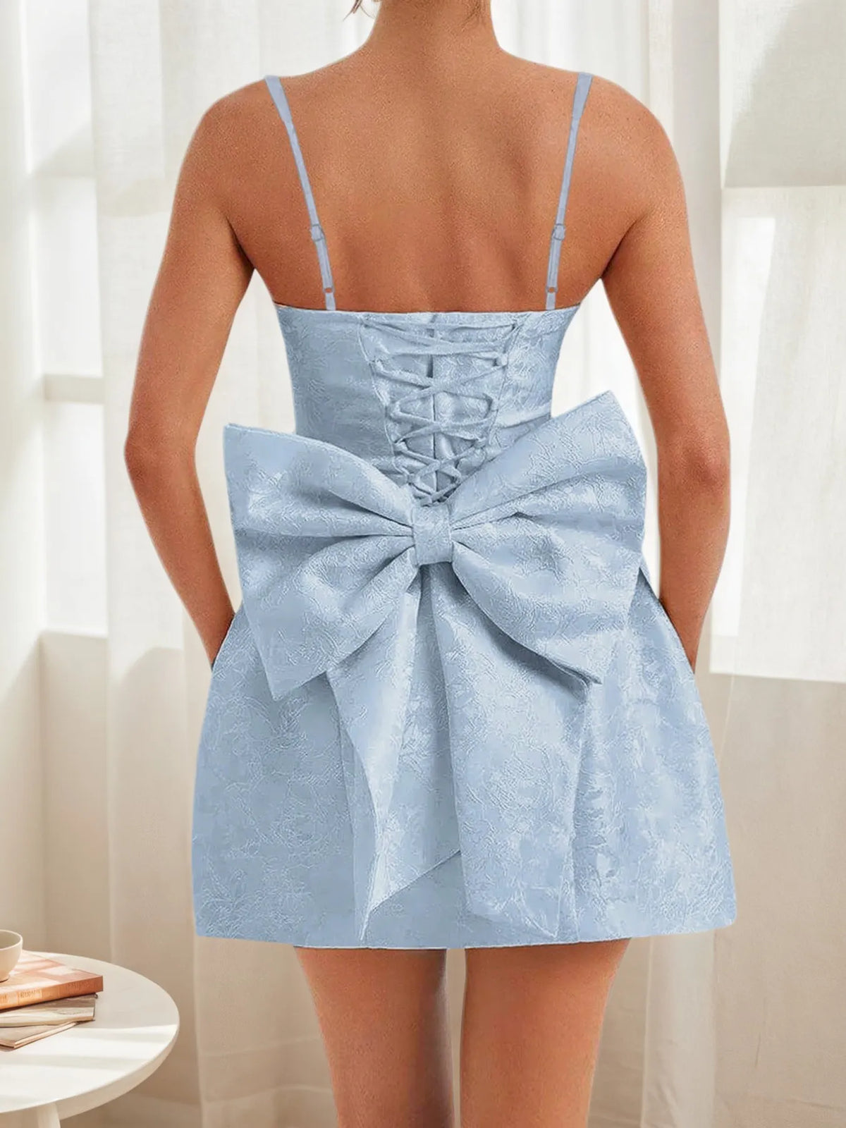 Jacquard Strapless Back Bow Structured Bubble Mini Dress 7