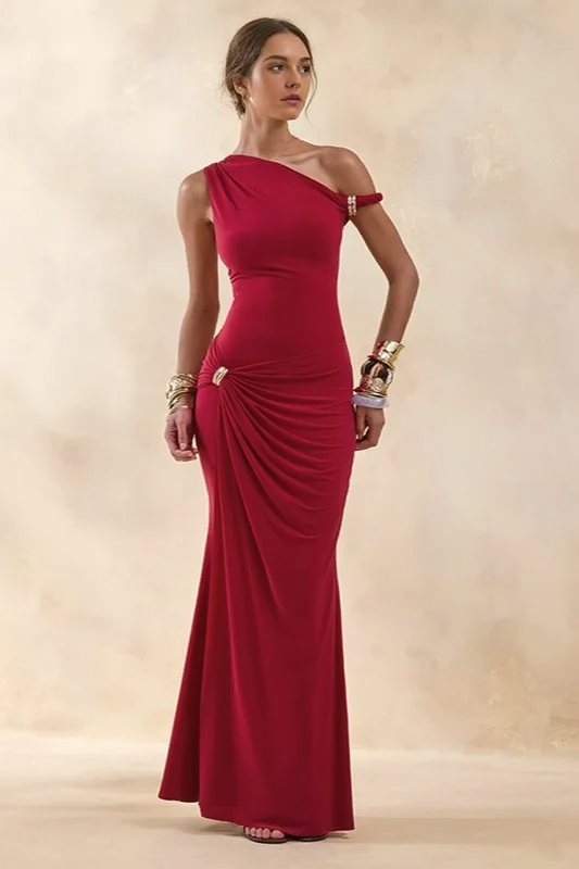 Off Shoulder Asym Metallic Trim Party Dress