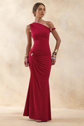 Off Shoulder Asym Metallic Trim Party Dress