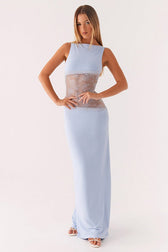 Sheer Lace Satin Panel Backless Fit Lace Dress