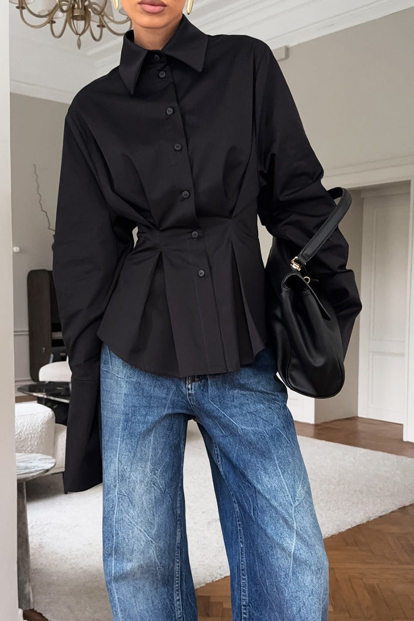 Collared Long Sleeve Pleated Cinched Waist Button Front Shirt 6