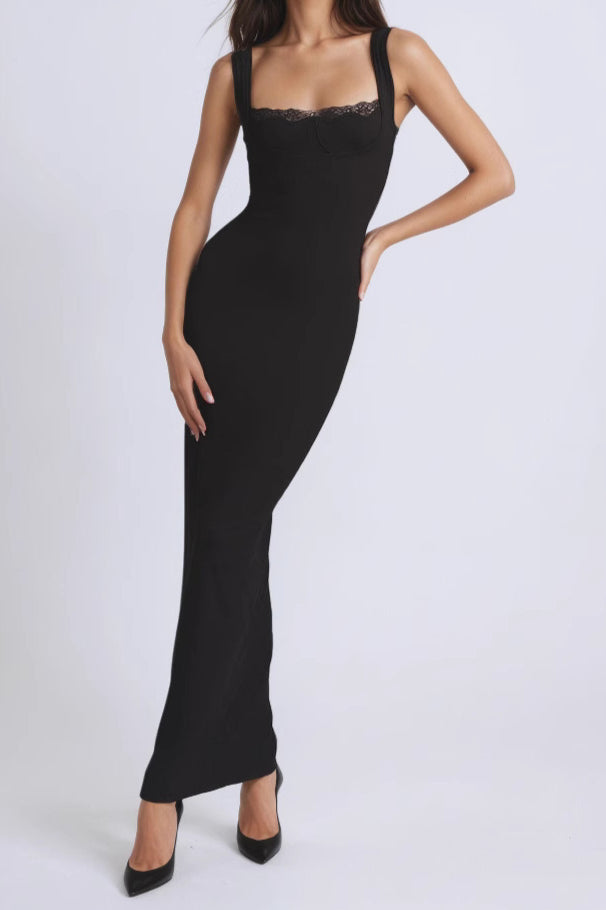 Lace Trim Square Neck Wide Strap Bustier Bodycon Maxi Dress