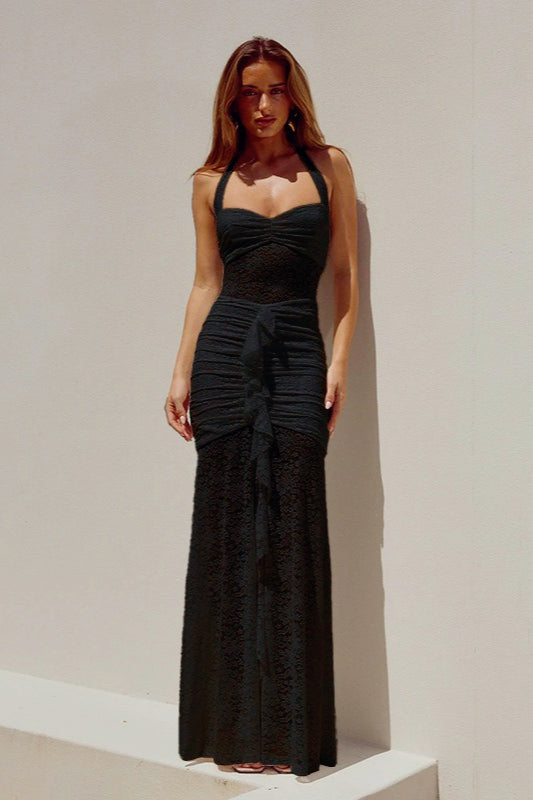 Halter-Neck Lace Sheer Mesh Ruched Dress