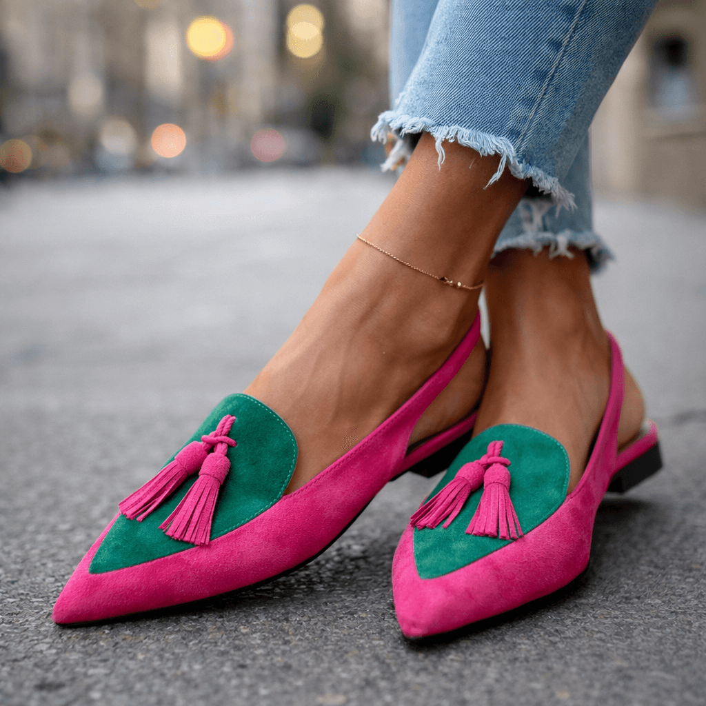 Pointed Toe Tassel Suede Look Slingback Flats