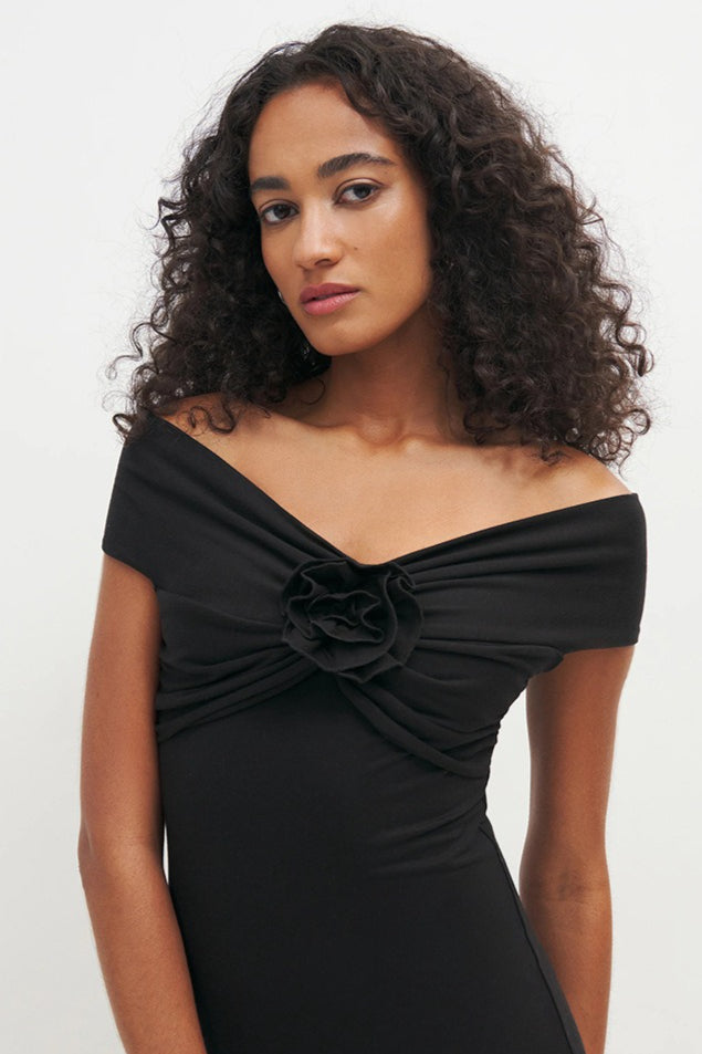 Off Shoulder Ruched Rosette Knit Bodycon Cocktail Dress