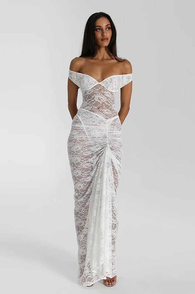 Sleeveless Lace Backless Ruched Bodycon Maxi Lace Dress