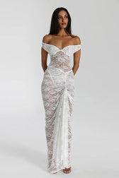 Sleeveless Lace Backless Ruched Bodycon Maxi Lace Dress