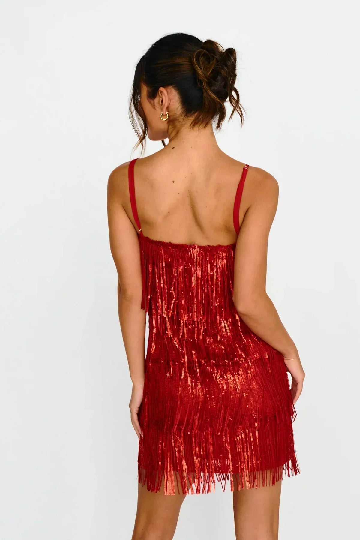 Sequin Fringe Spaghetti Strap Straight Neck Party Mini Dress 3