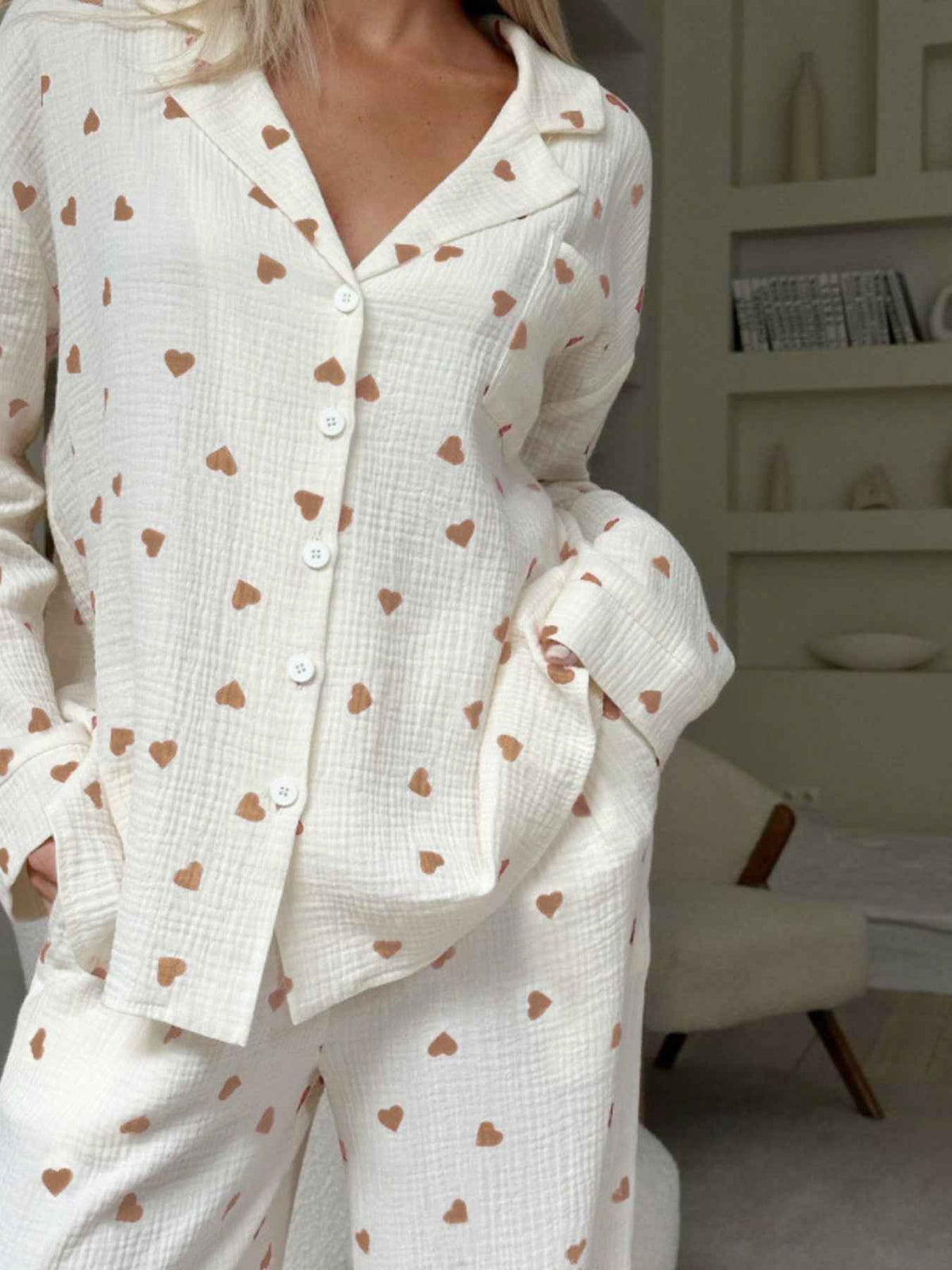 Heart Print Textured Button Front Shirt and Wide Leg Pants Two Piece Set 6