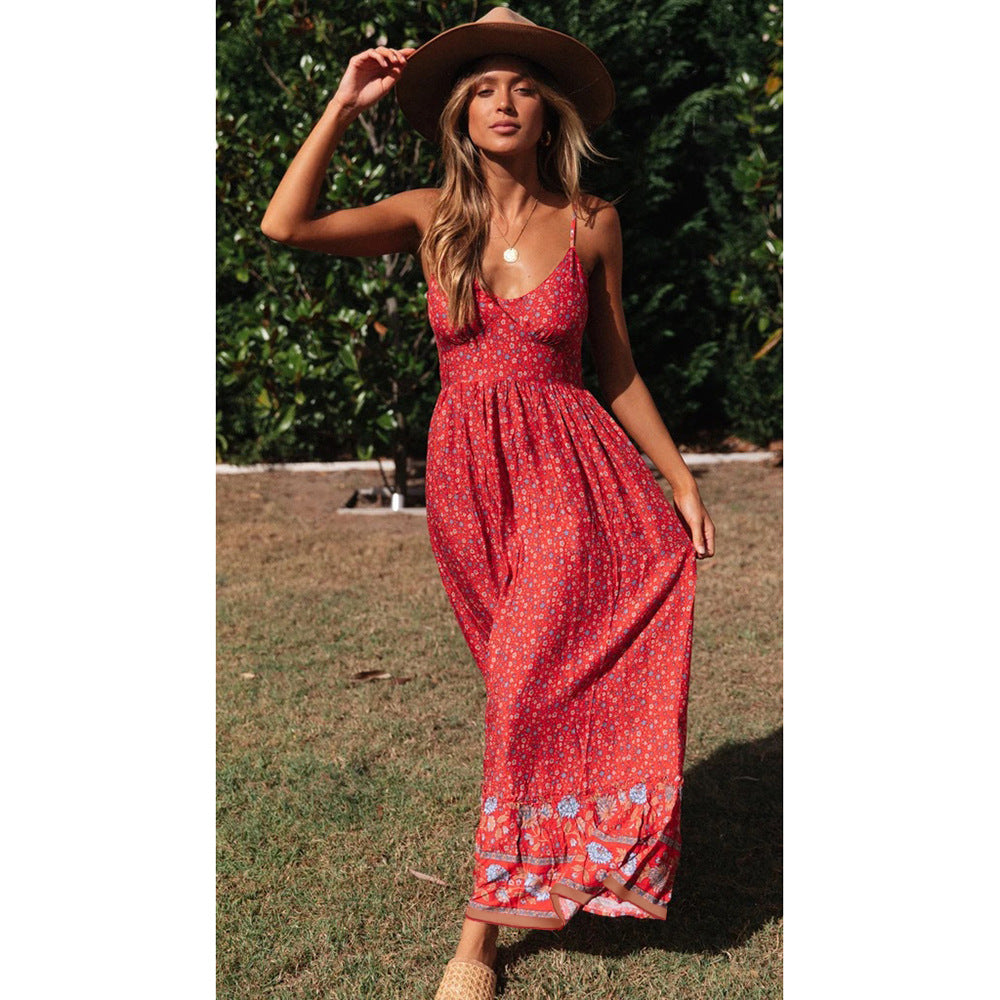 Boho Ditsy Floral Print V-Neck Spaghetti Strap Border Hem Maxi Dress