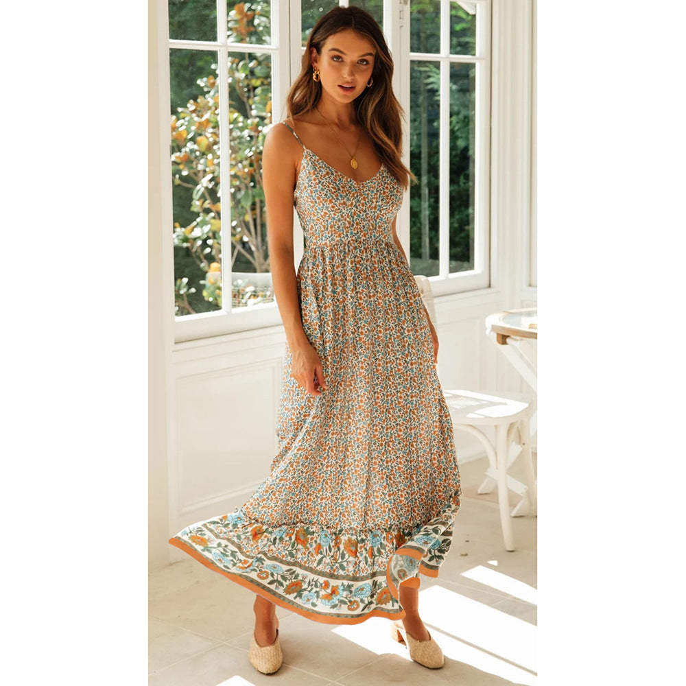 Boho Ditsy Floral Print V-Neck Spaghetti Strap Border Hem Maxi Dress 5