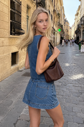 Denim Tie-Up Front Top Mini Skirt Two Piece Set