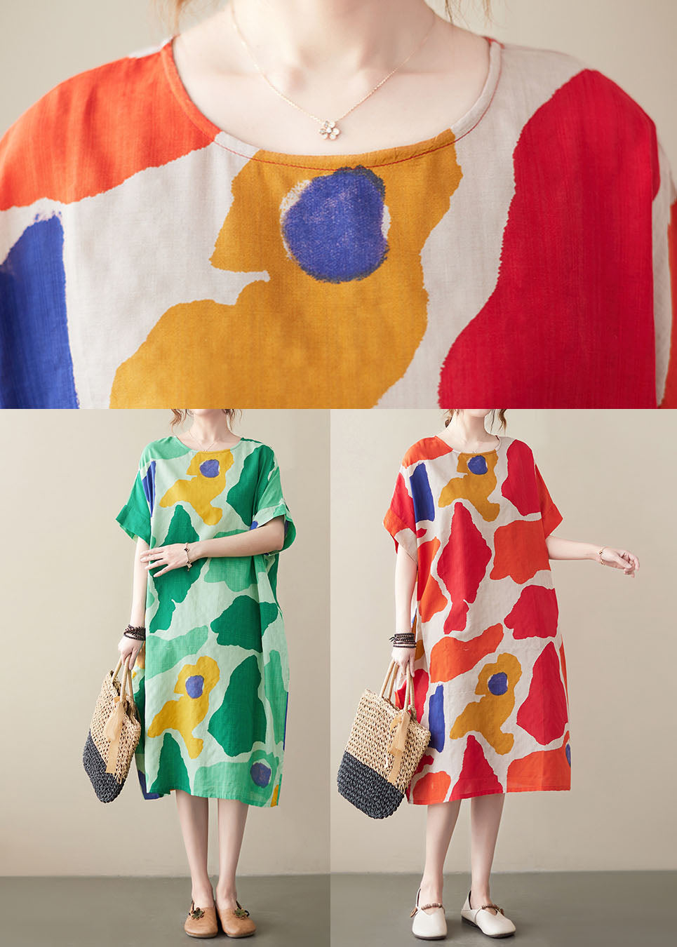 Abstract Print Oversized Short Sleeve Relaxed Shift Midi Dress