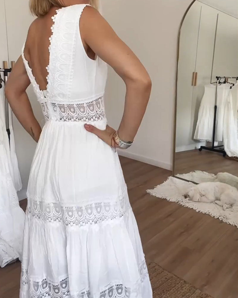 V-Neck Sleeveless Lace Trim Tiered Midi Dress