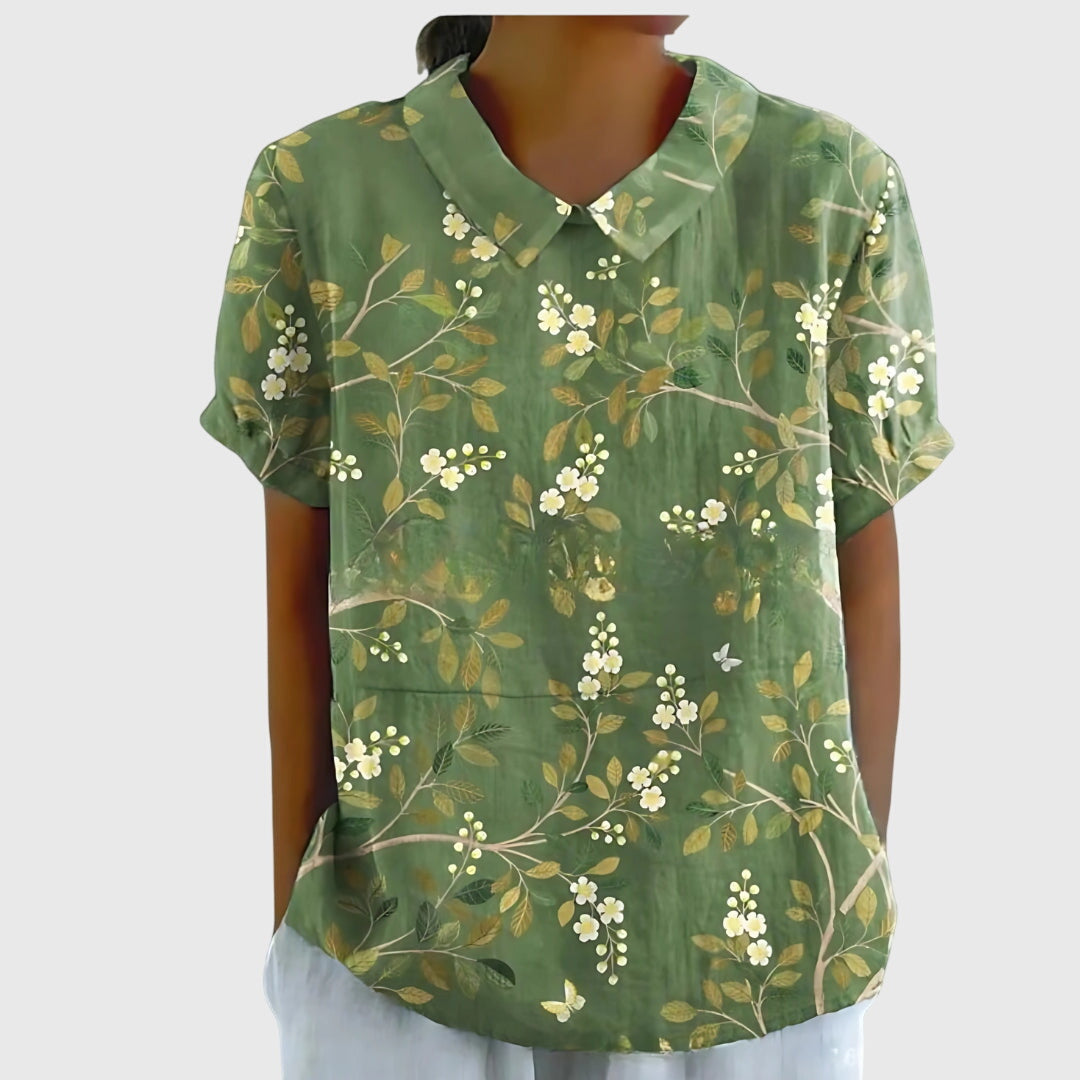 Floral Print Notch Neck Short Sleeve Linen Blouse 11