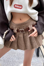 High-Waist Pleated Denim Mini Skort