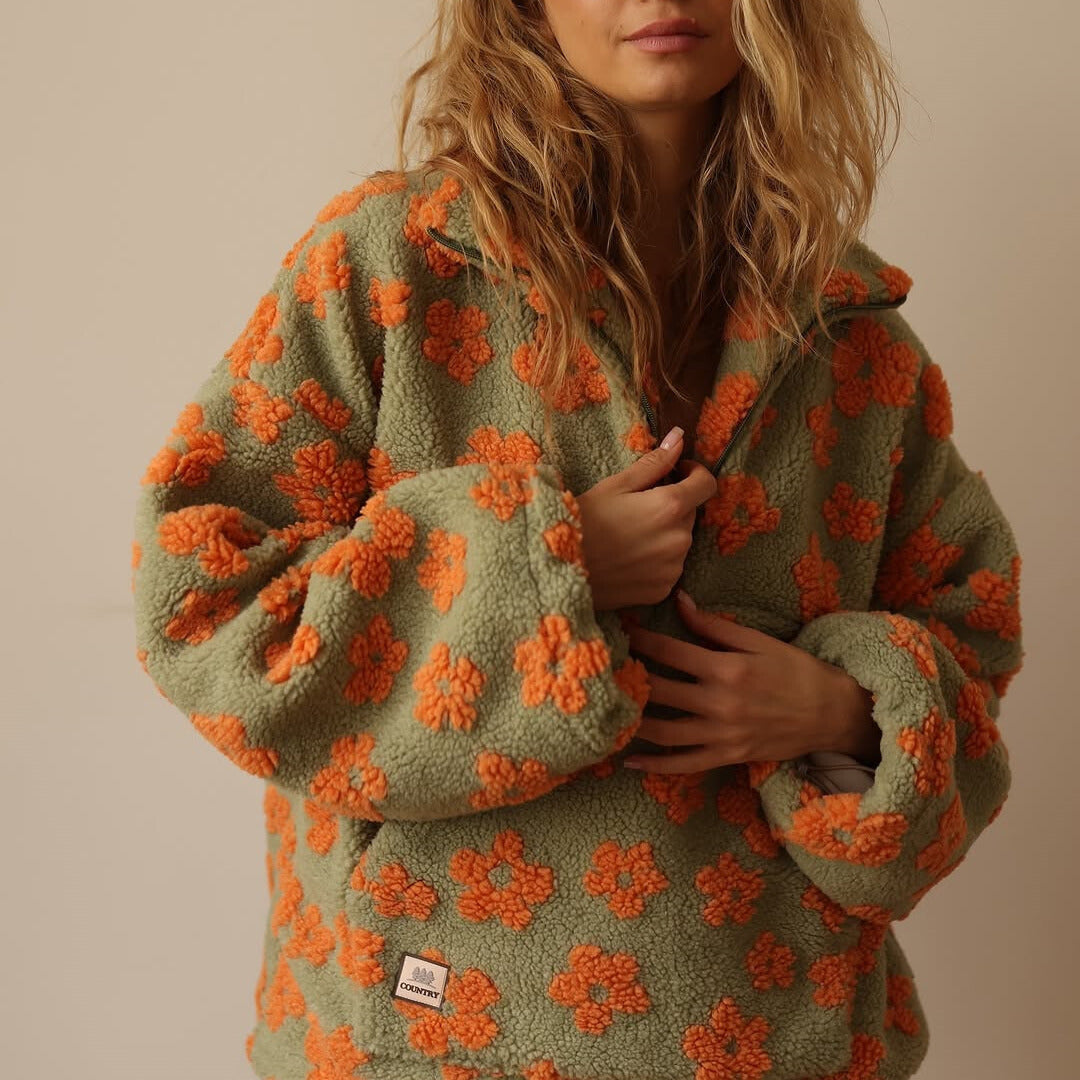 Floral Fleece Collared Half Zip Sherpa Pullover Sweatshirt