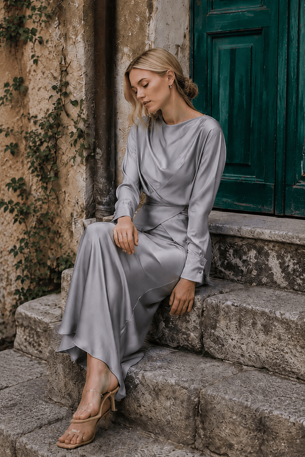 Solid Satin Cinched Waist Skirt Set