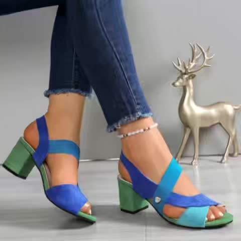 Open Toe Slingback Color Block Block Heel Sandals