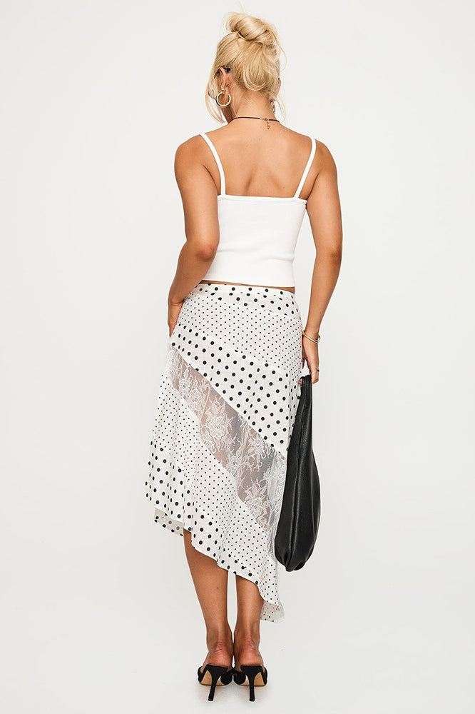 Polka Dot Sheer Lace Panel Asymmetric Ruffle Hem Midi Skirt 4