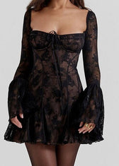 Self-Tie Lace Long Sleeve Dress - Vibrant Red - View 5