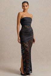 Strapless Sheer Lace High Slit Backless Maxi Lace Dress