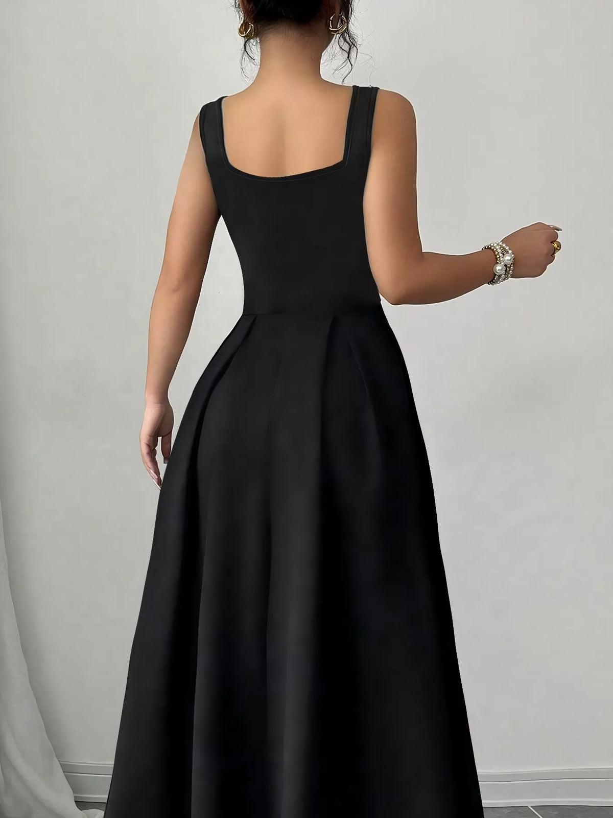Square Neck Sleeveless Corset Waist Pleated A-Line Maxi Dress 2