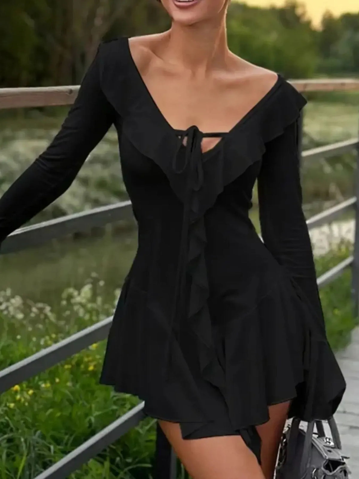 Ruffle V-Neck Tie Front Flare Sleeve Asymmetric Hem Mini Dress 9